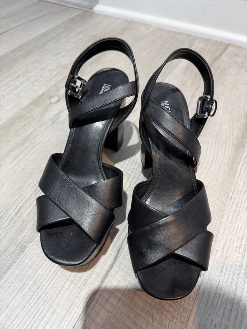 Micheal Kors Black Leather Cross-Strap Block Heel Sandals